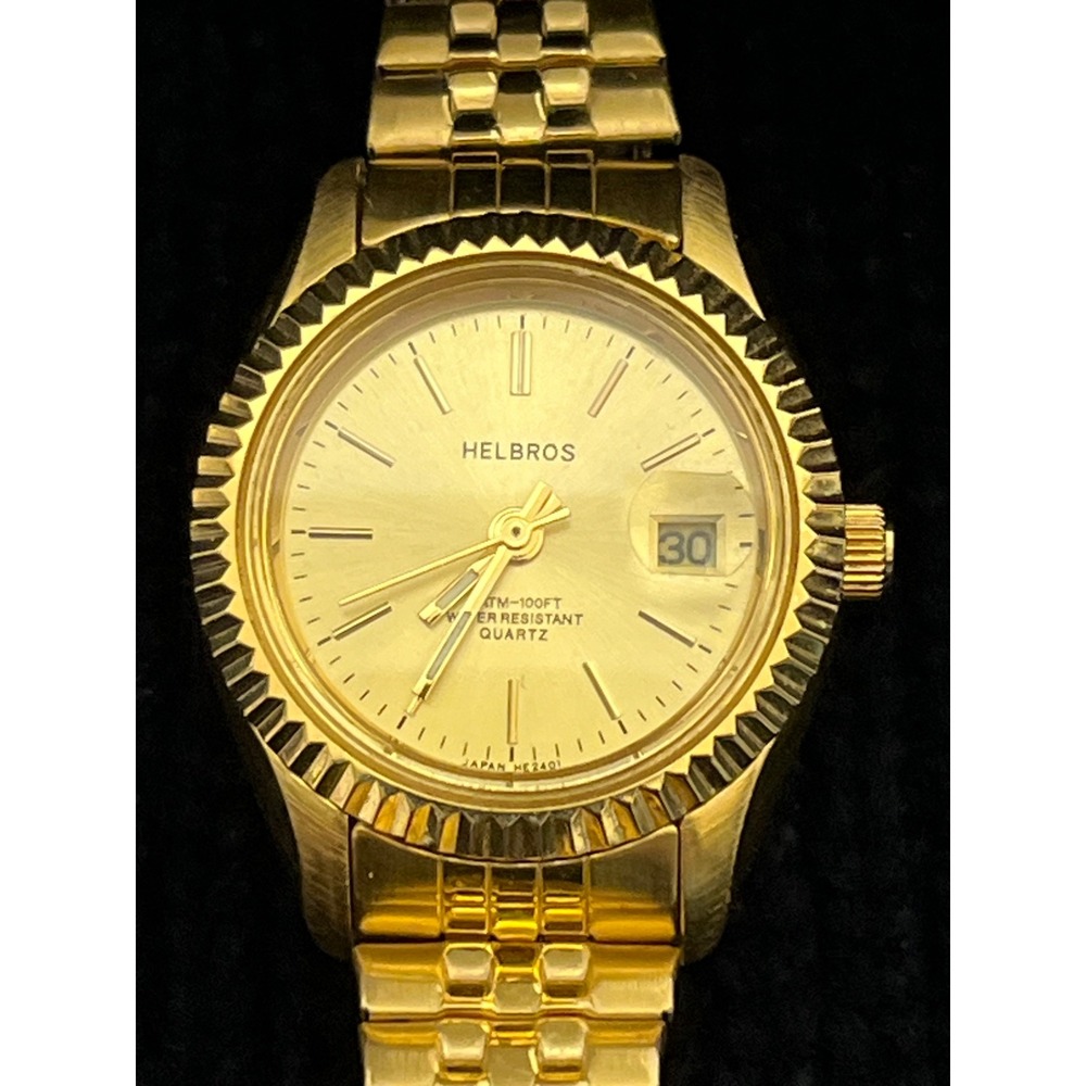 Helbros‎ Womens Gold Tone Quartz Watch Date Fluted Bezel Expansion Band 321-2015
